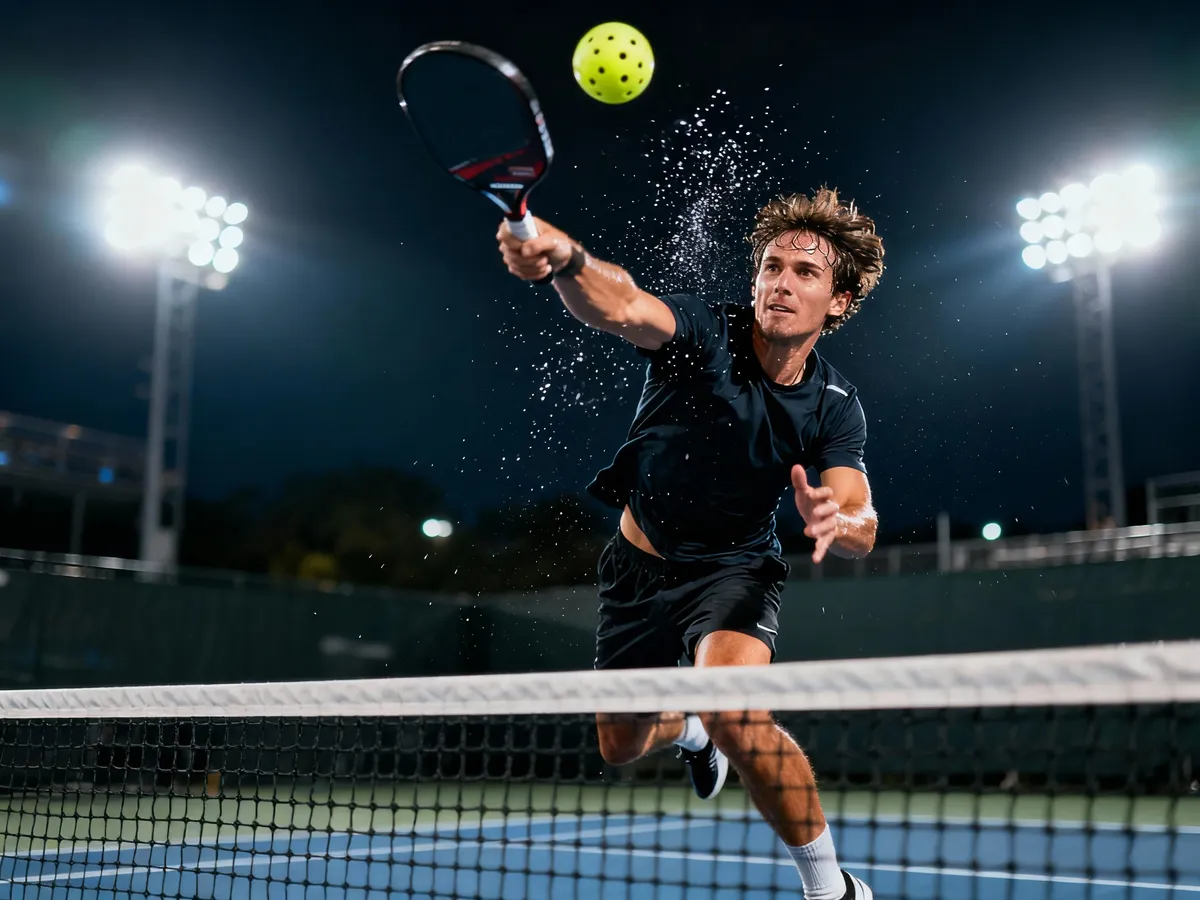 An athletic male player executes a powerful pickleball overhead smash with advanced technique during a dynamic night game under stadium lights.