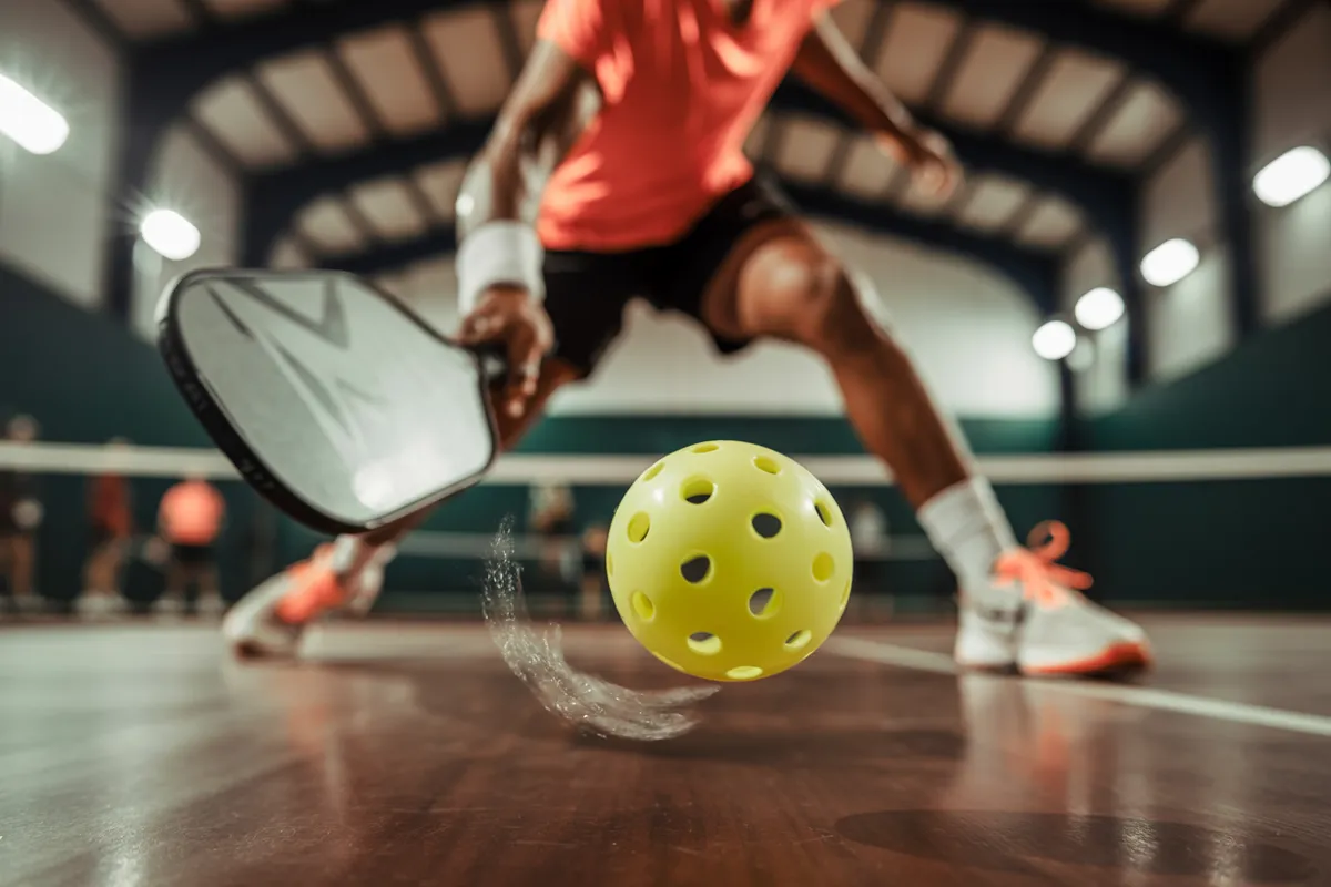 An athletic player executes a controlled low backhand volley, demonstrating an advanced pickleball strategy on an indoor court.