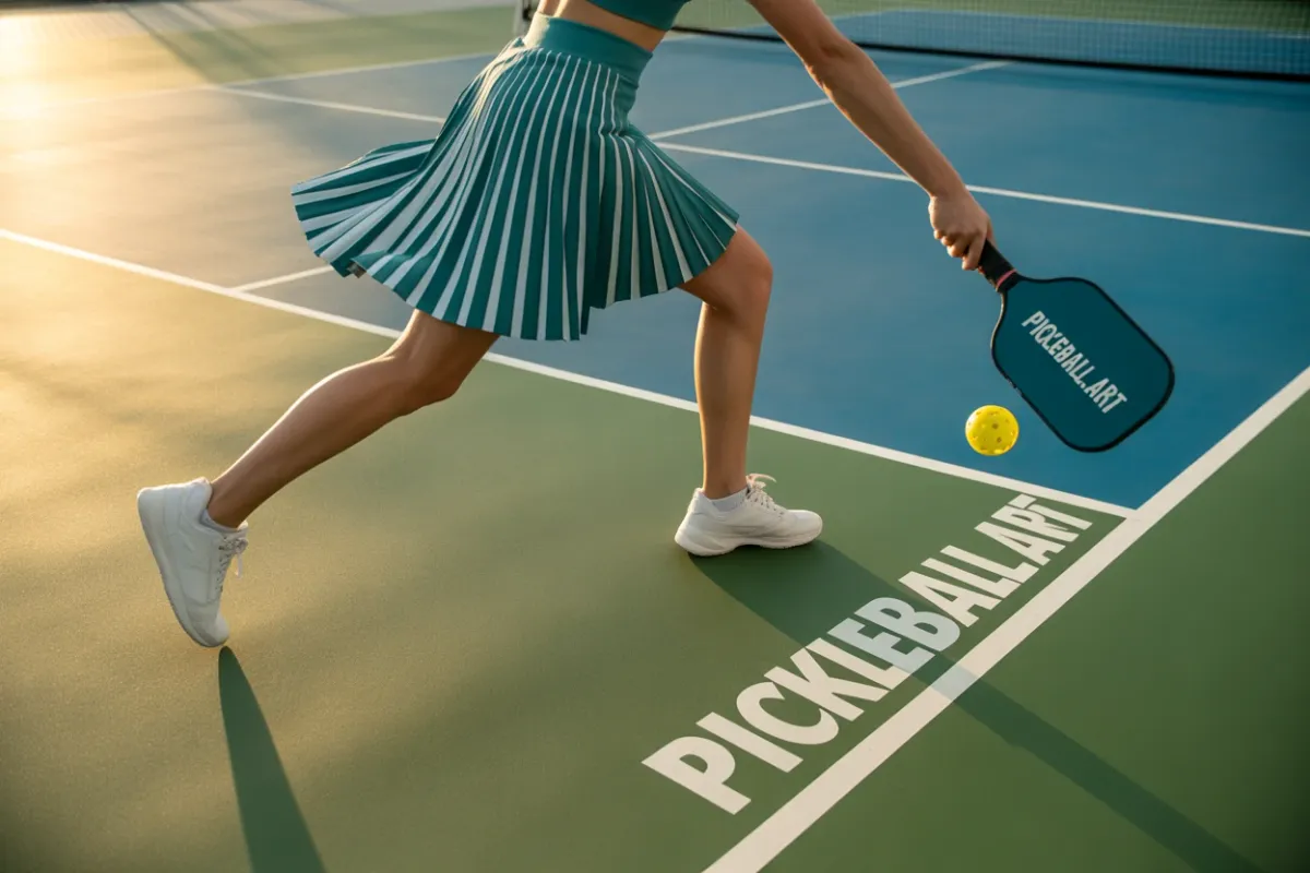 A player in a teal pleated athletic skort reaches for a yellow pickleball on an outdoor court.