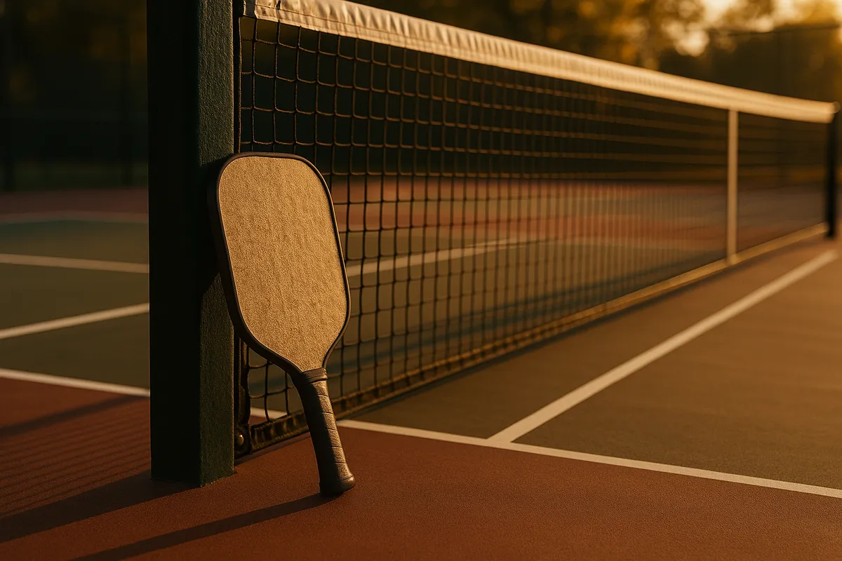 A lone pickleball paddle leans against a net post on a court during a golden sunset.