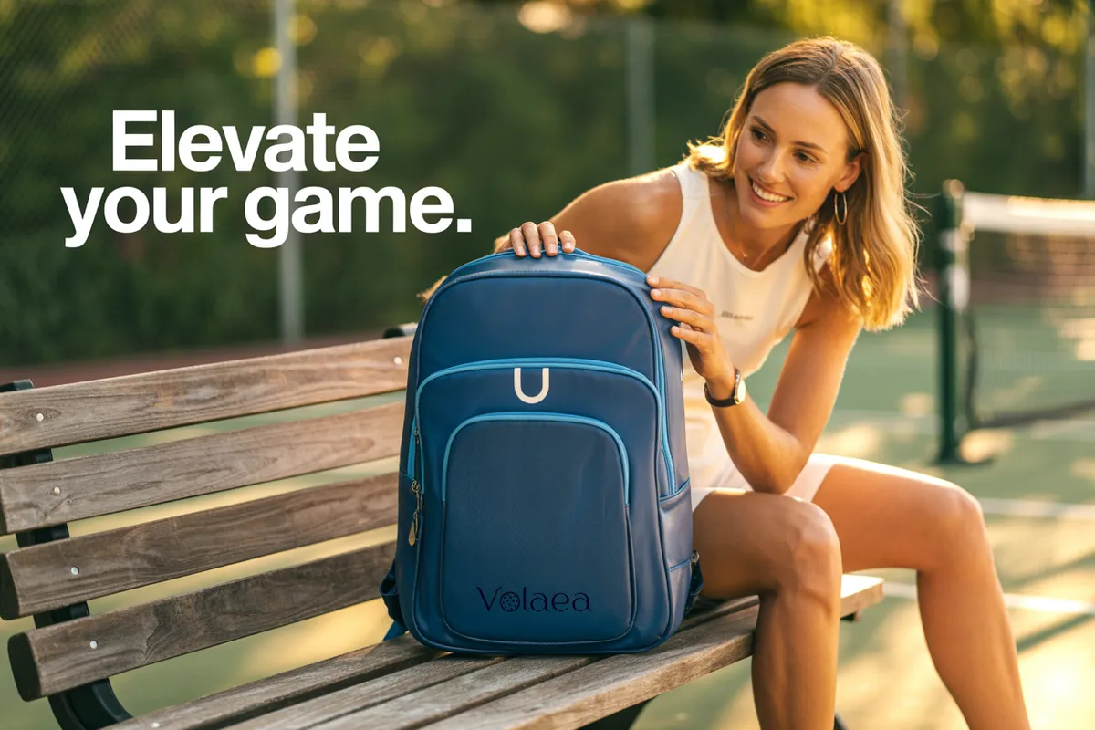 "Elevate your game." Woman with a blue backpack on a court.
