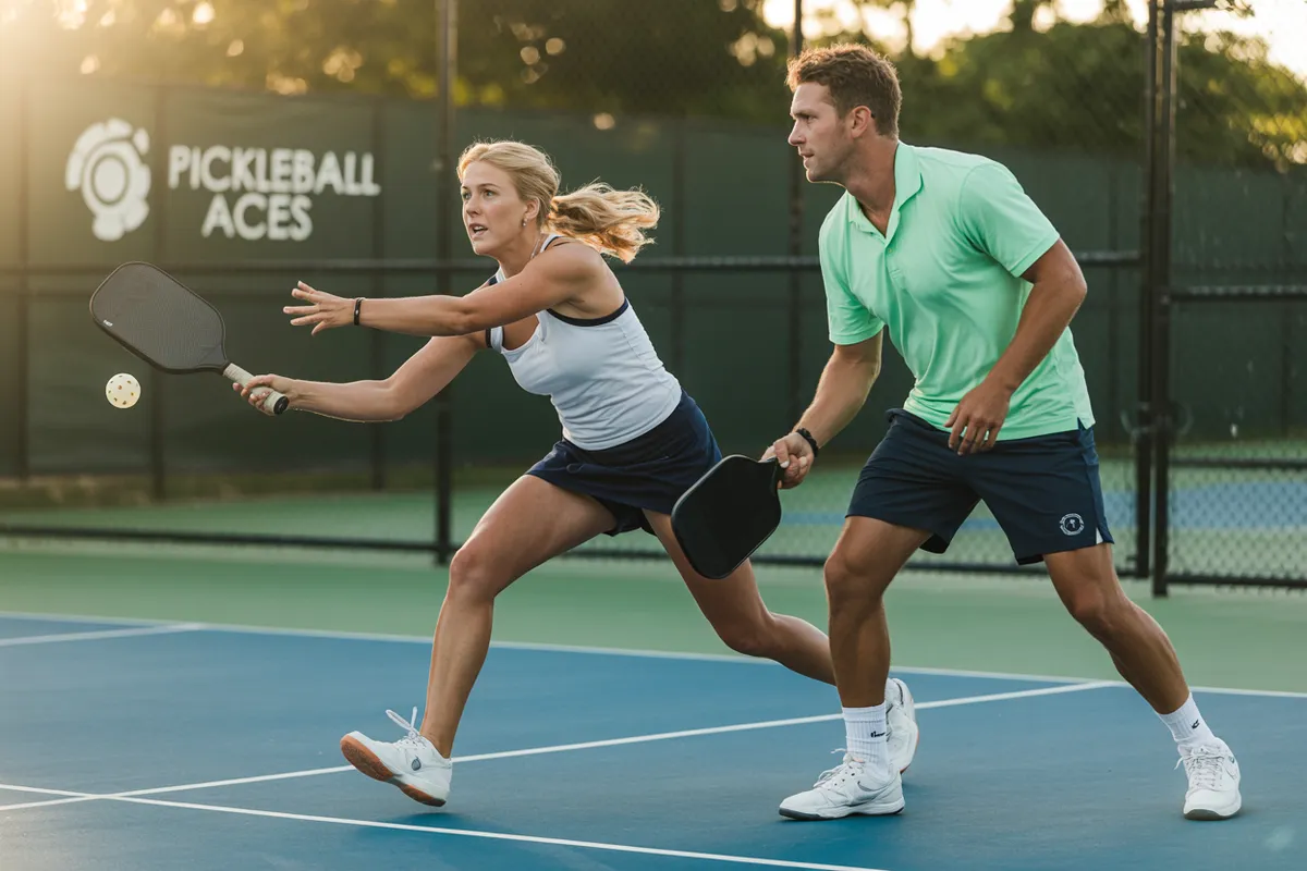 A woman hits a forehand shot while her male partner looks on during a doubles match.