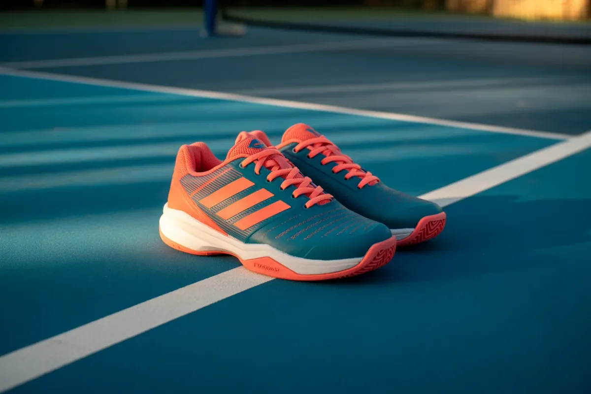 Pickleball shoes and equipment on a court