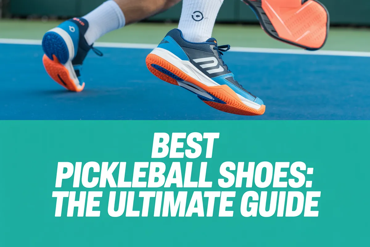 A pickleball player's feet in athletic shoes are shown in motion on a court, with text overlay reading "Best Pickleball Shoes: The Ultimate Guide".