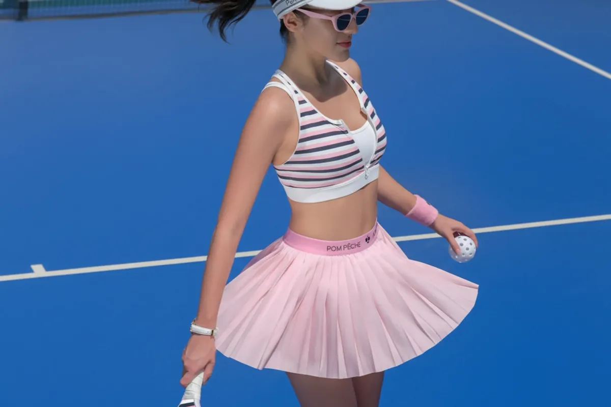 A woman models a pink pleated pickleball skirt and a striped zip-up top while holding a ball on a bright blue court.