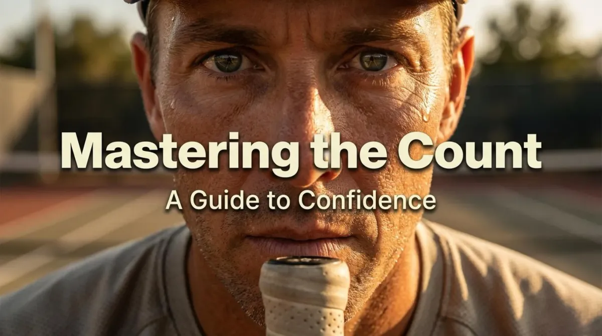 A close-up hero image of a focused male pickleball player with text reading 'Mastering the Count: A Guide to Confidence', highlighting the mental focus required for accurate scoring.