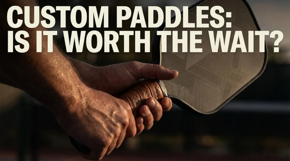 Close-up of a player's hands gripping a handle with text overlay asking if custom pickleball paddles are worth the wait for personalized gear.
