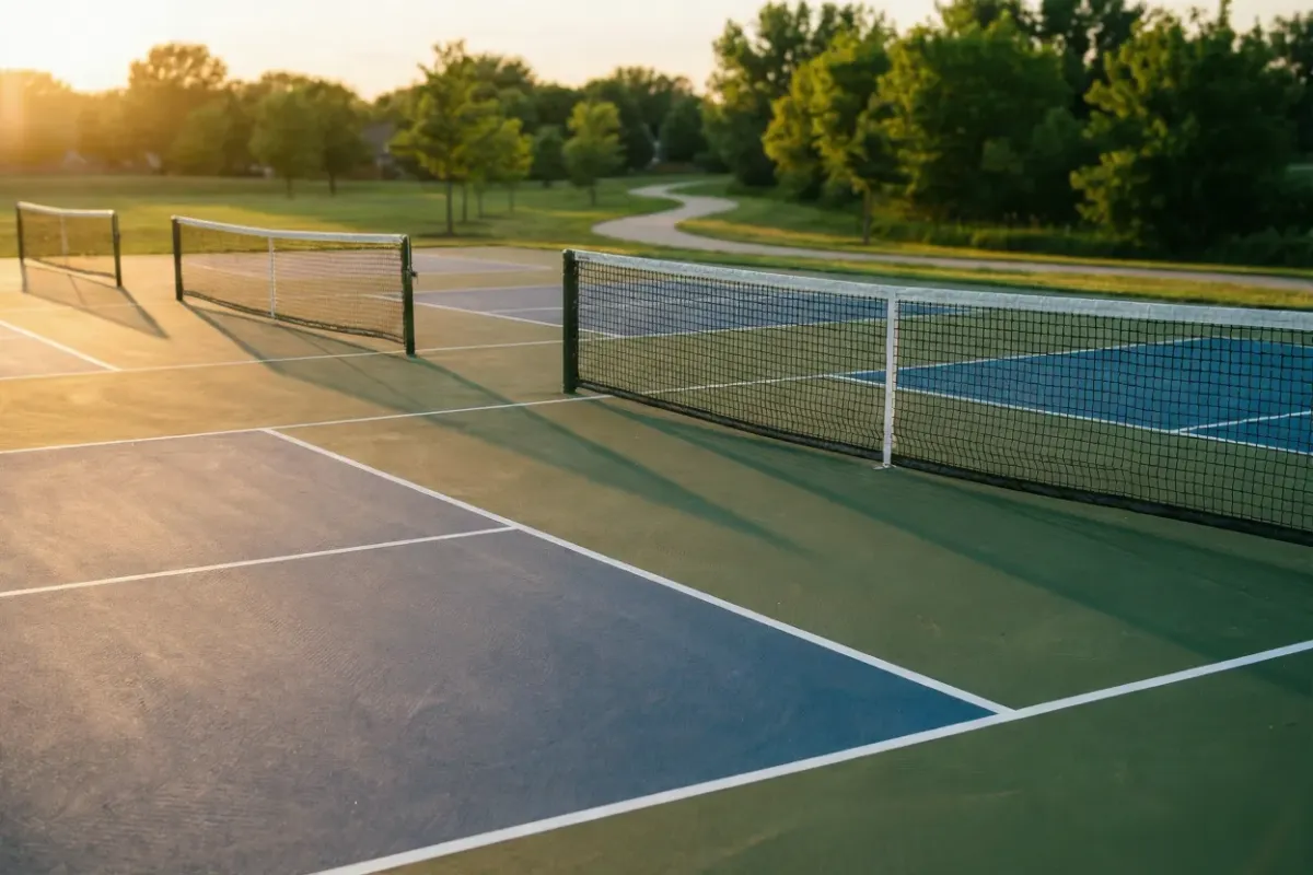 A row of empty outdoor pickleball courts in a public park, featuring standard blue and green surfaces and nets illuminated by the warm golden light of sunset.