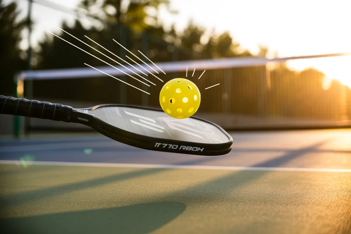 A yellow pickleball above a dark paddle, with a court net in the background.