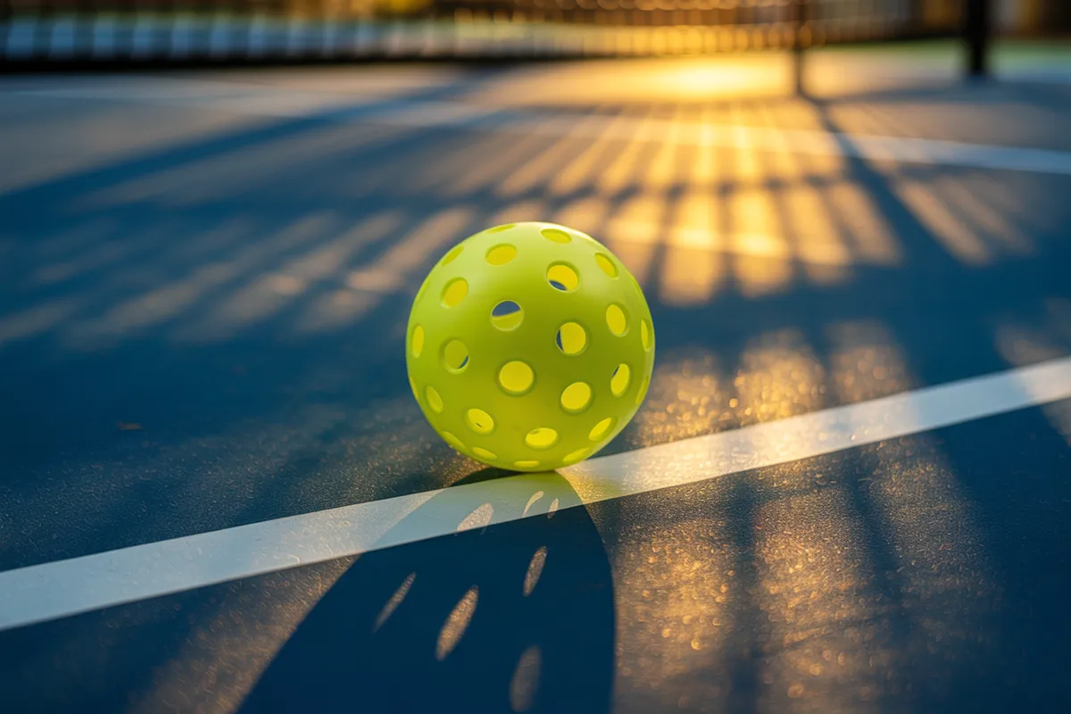 A yellow pickleball rests on the white line of a blue outdoor pickleball court with a smooth acrylic surface, highlighted by sunset shadows from the net.