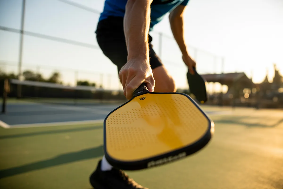 A pickleball player in a low athletic ready position, holding a yellow paddle with a firm grip on an outdoor court at sunset.