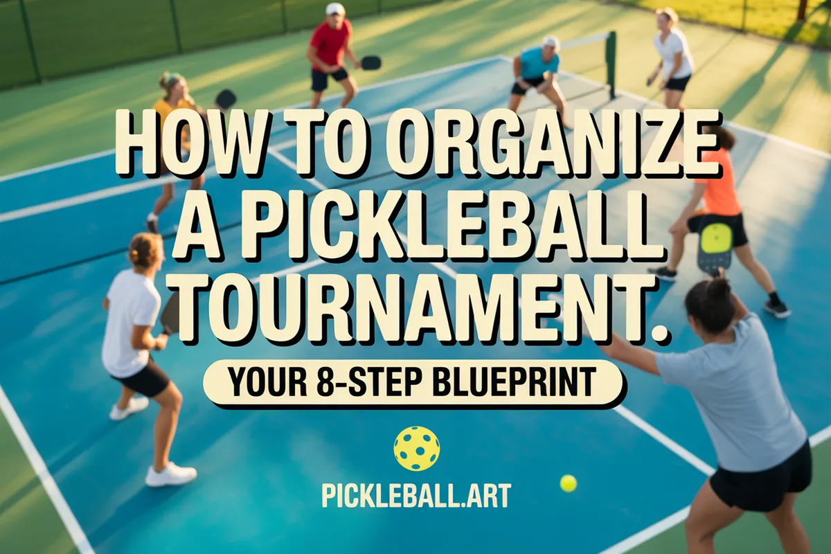 Pickleball tournament planning cover with players on a court and an eight-step blueprint heading.