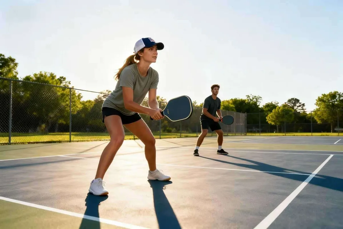 A female and male player demonstrate a proper ready position as part of a pickleball doubles strategy on an outdoor court.