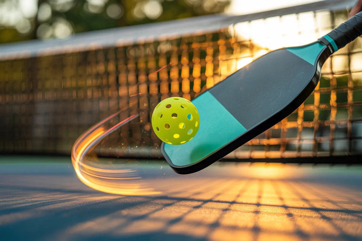 A pickleball paddle hitting a yellow ball on an outdoor court, capturing the dynamic motion of how to play pickleball during a beautiful sunset game.