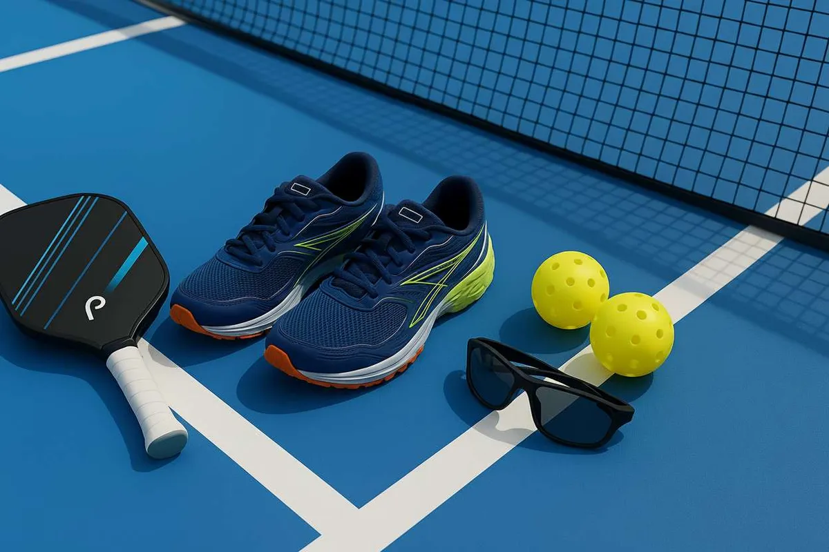 Pickleball equipment including a paddle, blue shoes, two balls, and sunglasses on a court.