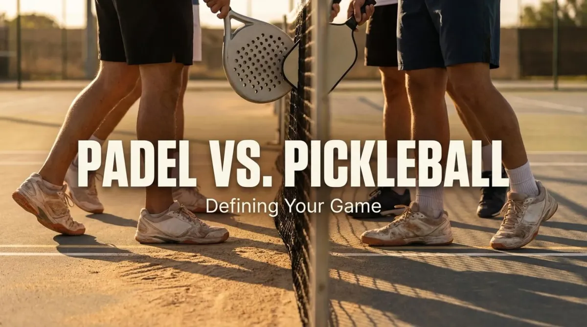 Low-angle view of players on a court holding a padel racket and a pickleball paddle with text overlay Padel vs. Pickleball: Defining Your Game.