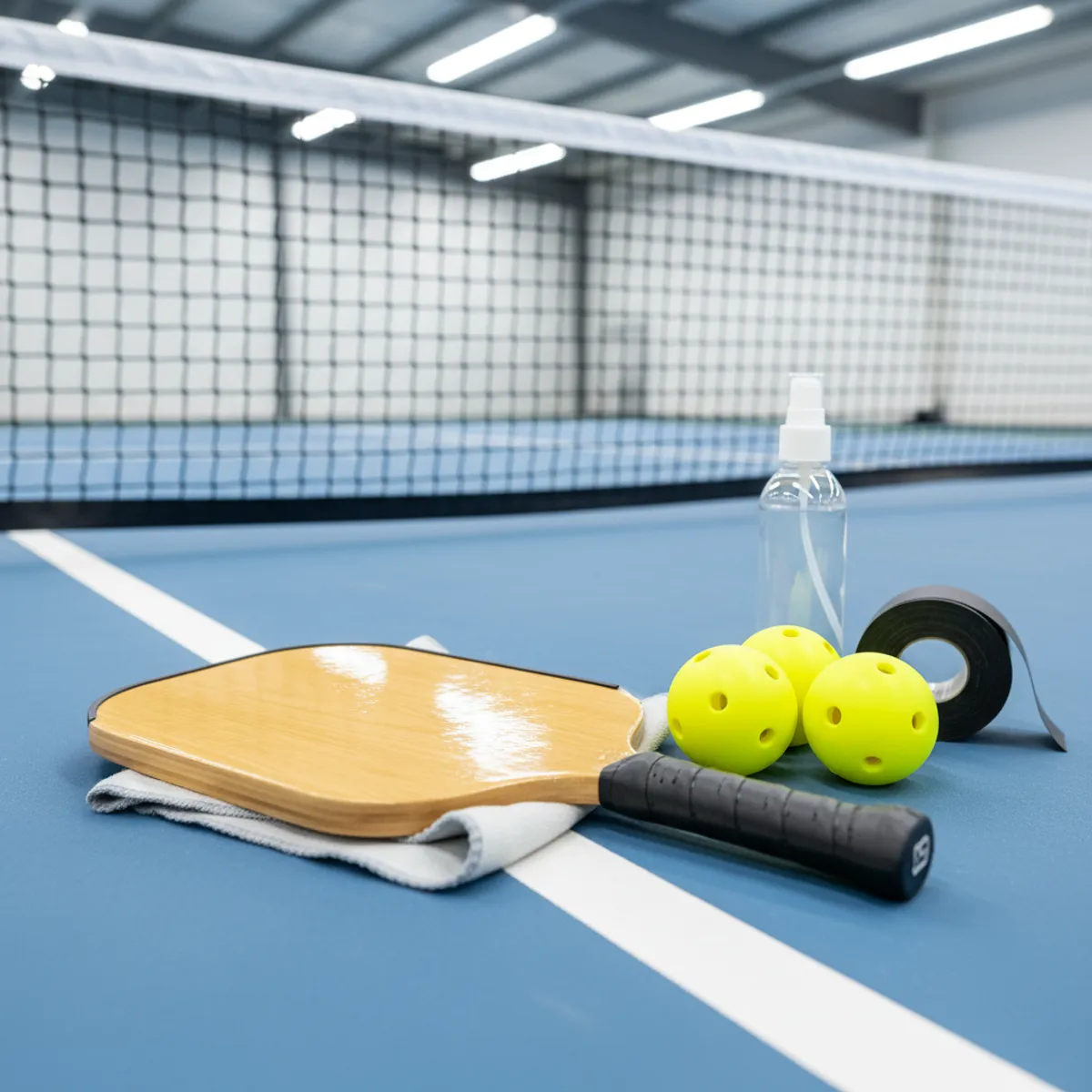 A pickleball paddle rests on a grey towel on a blue court. Next to it are three yellow pickleballs, a roll of black tape, and a clear spray bottle. The pickleball net is visible in the background.