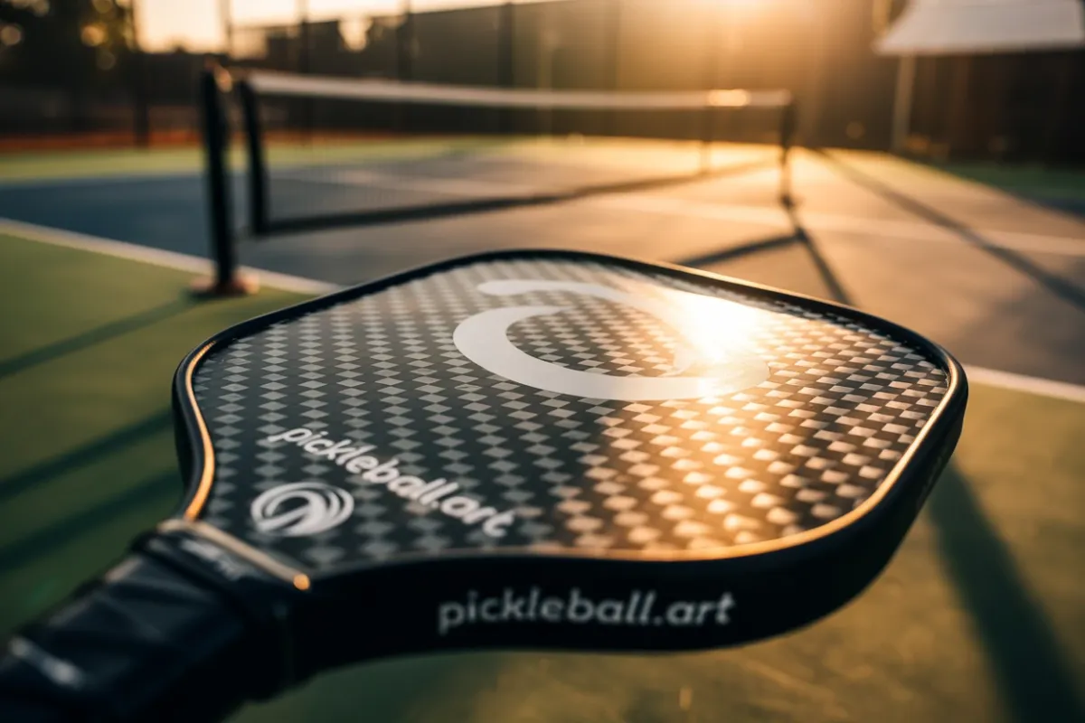 Close view of a patterned paddle face with the court net in the background.