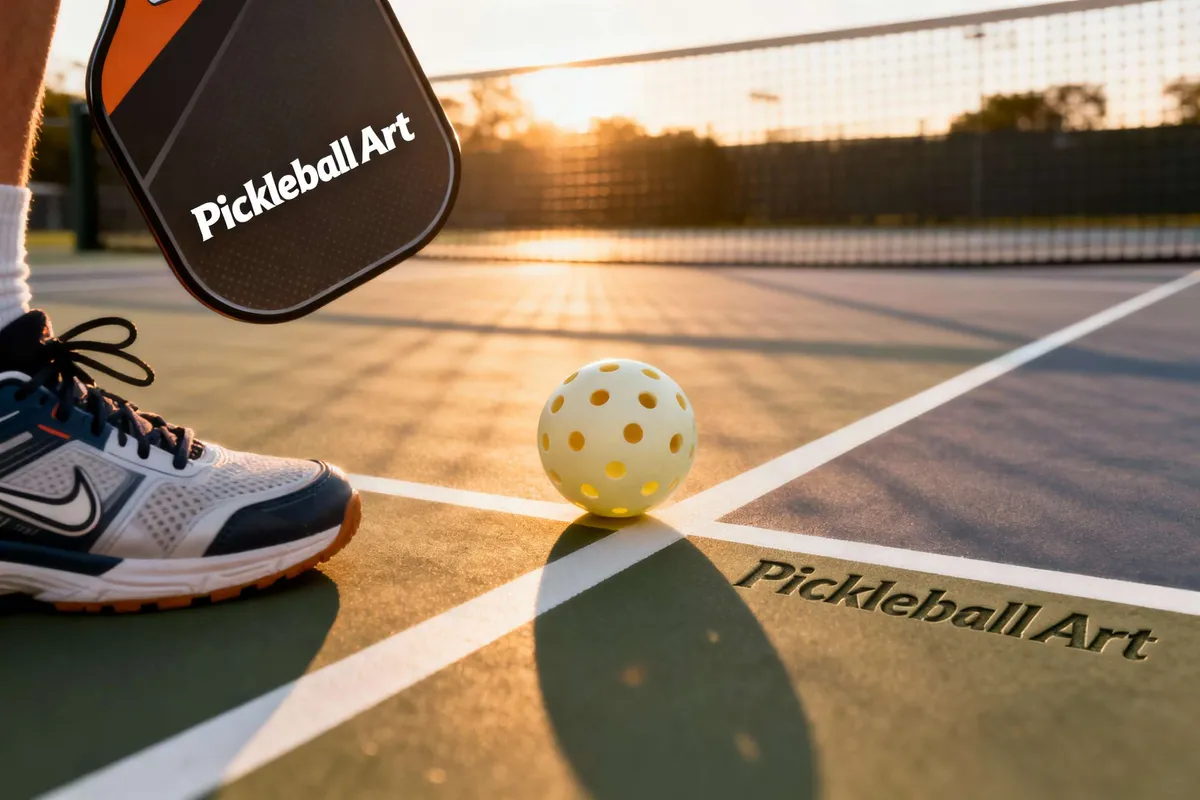 A player's pickleball equipment, including a paddle and yellow ball, on an outdoor court with the net in the background during a beautiful sunset.
