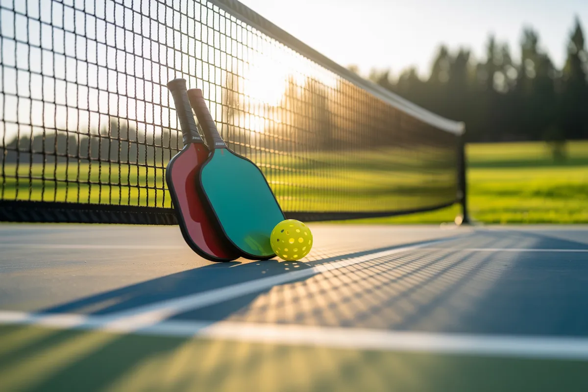A set of pickleball equipment, including two paddles and a yellow ball, on an outdoor court at sunset, ready for a game.
