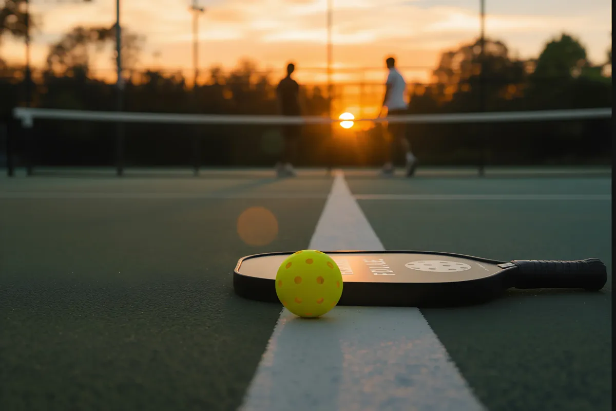A yellow pickleball and paddle rest on an outdoor court during a sunset game, with two people playing pickleball in the background.