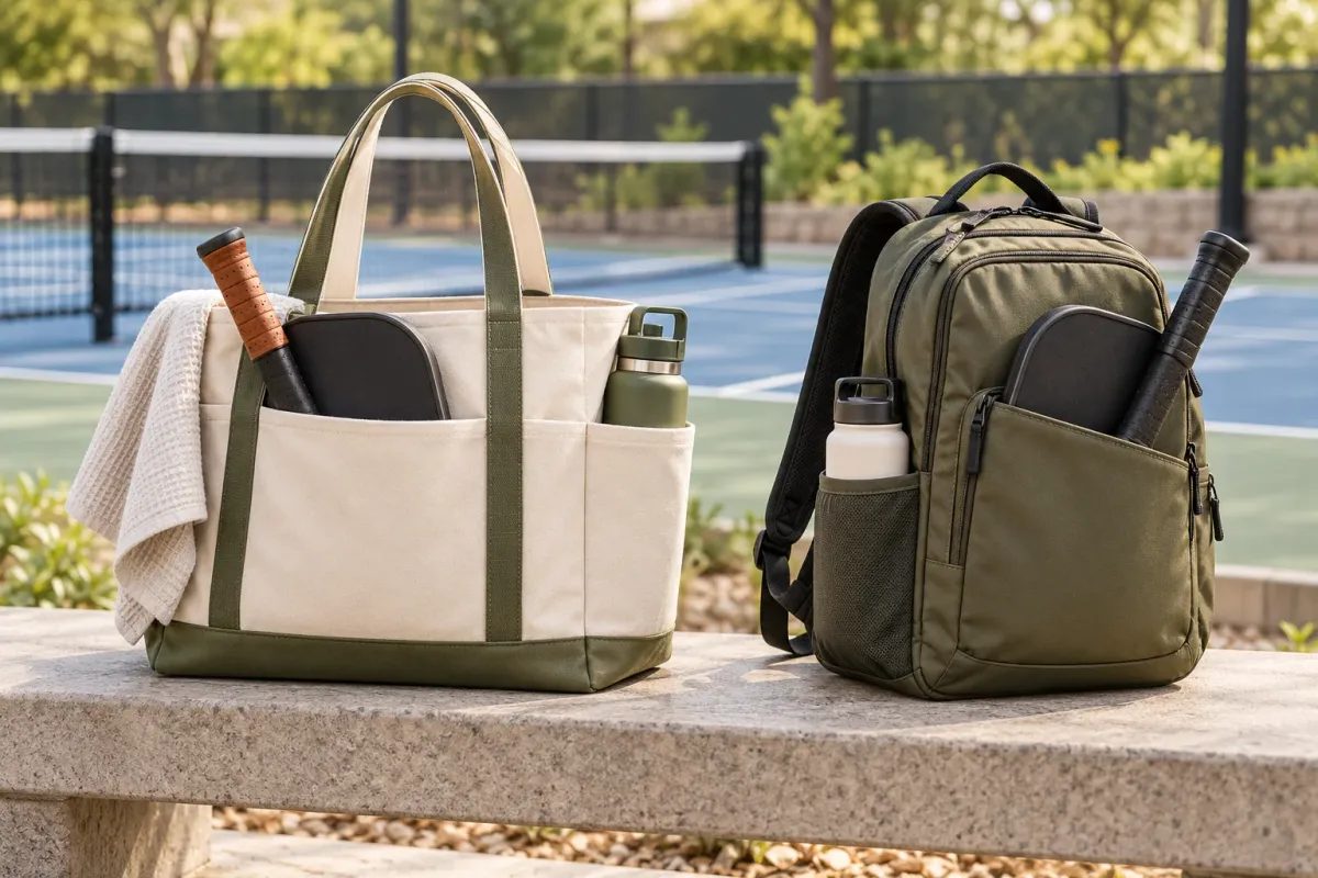 AI-generated illustration of a canvas gear tote and a compact backpack beside a court.