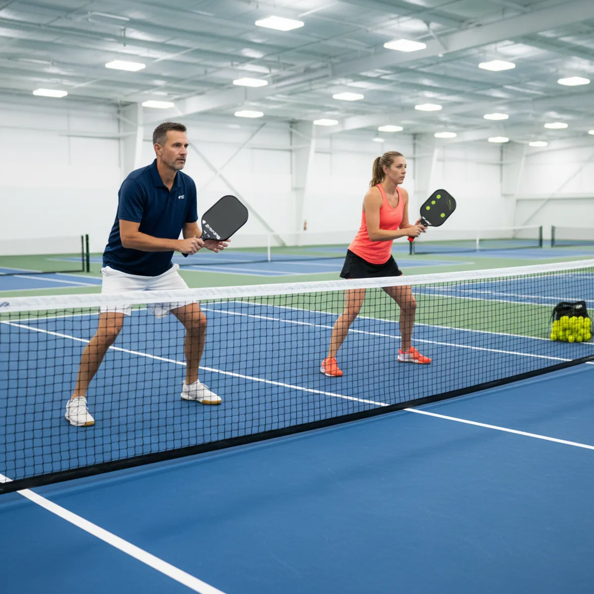 A man and woman in a ready stance at a pickleball net.