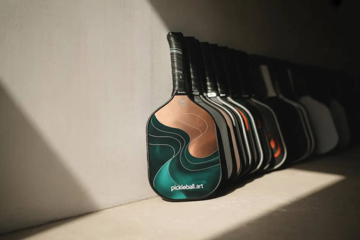 A row of paddles with different face designs leaning against a wall.