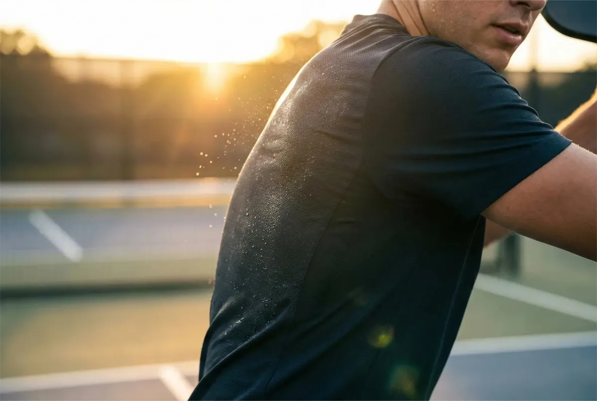 A close-up photograph from behind the shoulder of a male pickleball player mid-swing on an outdoor court at sunset. Sweat beads catch the warm, golden backlighting on his dark, textured athletic shirt, which features a subtle embossed "Pickleball.Art" logo on the side seam.