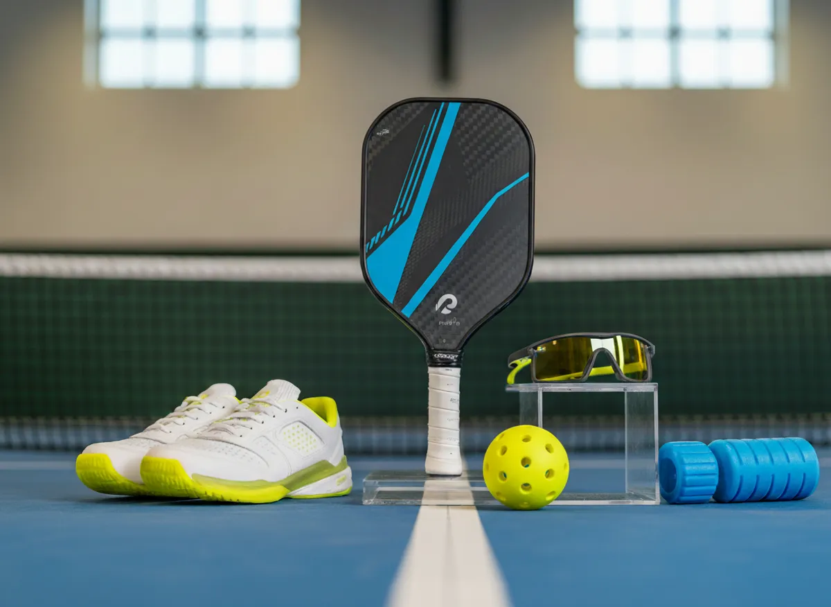 Pickleball gear including a paddle, ball, and shoes on a court.
