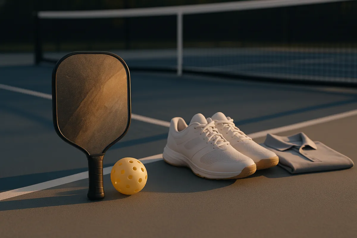 A set of essential pickleball gear, including a paddle, yellow ball, white court shoes, and a folded polo shirt, neatly arranged on an outdoor court.