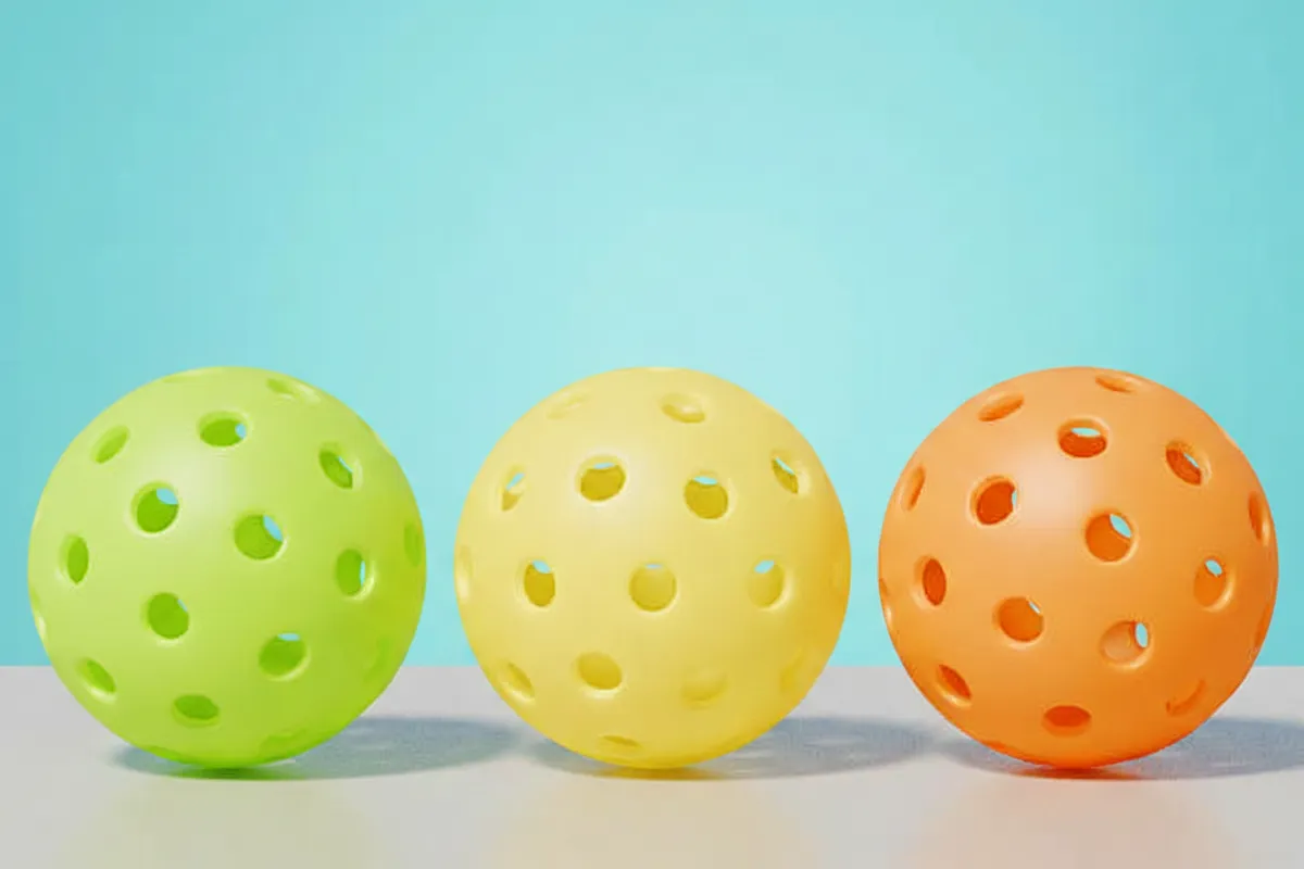 A lime green, yellow, and orange pickleball arranged to show the difference in hole pattern and ball construction for indoor vs outdoor pickleballs.