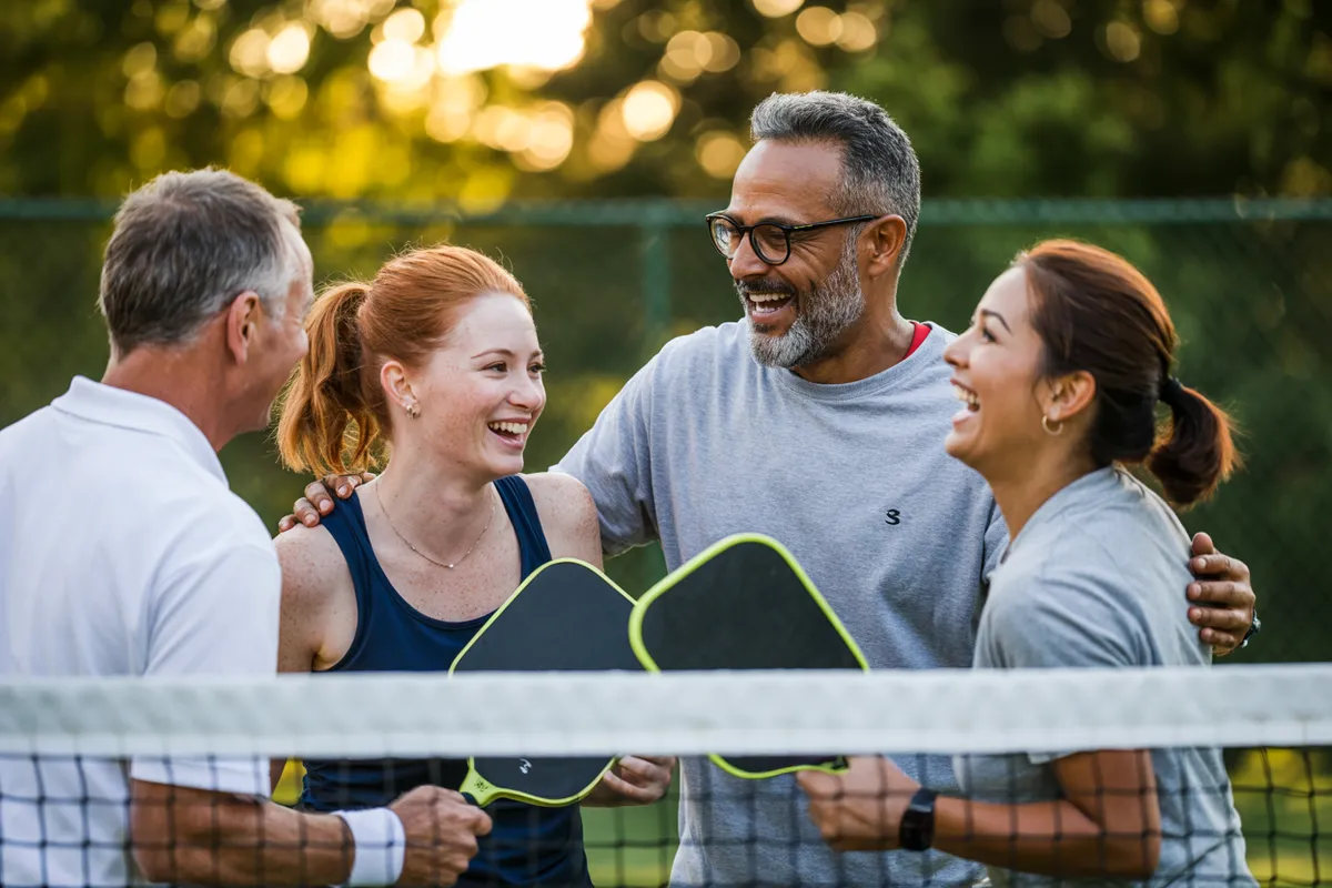 A diverse group of four friends enjoying the social benefits of pickleball, laughing together after a game of doubles on an outdoor court.