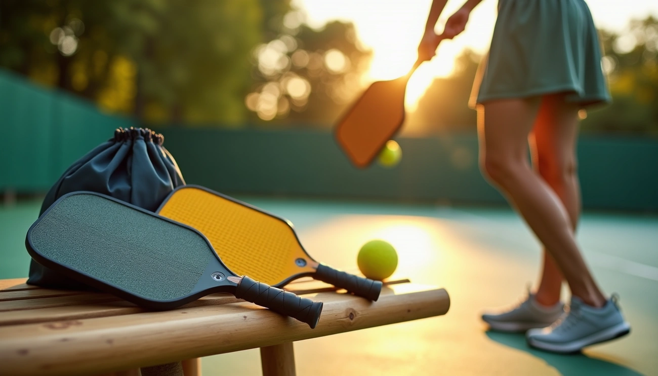 A pair of the best pickleball paddles for beginners resting on a court-side bench, illustrating a great choice for entry-level equipment.