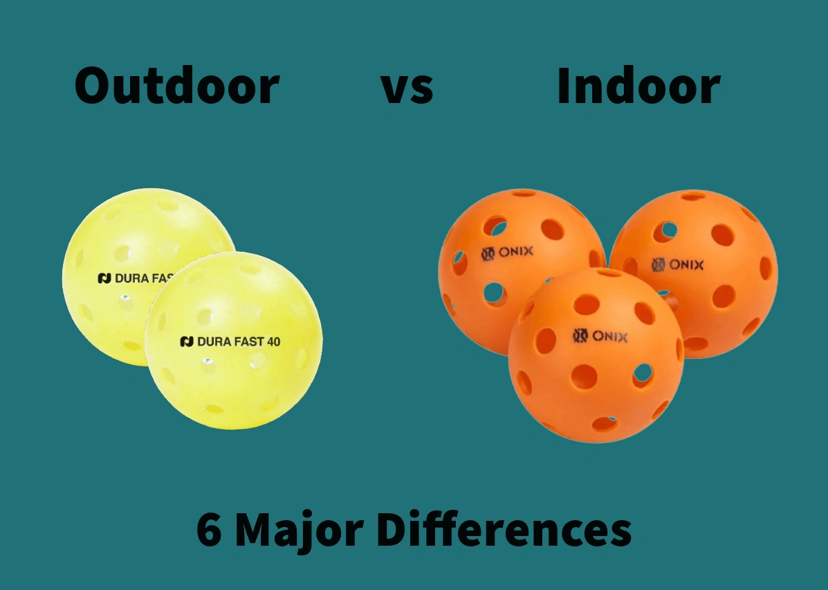 A visual comparison between yellow Dura Fast 40 outdoor pickleballs and orange Onix indoor pickleballs, highlighting their 6 major differences. 