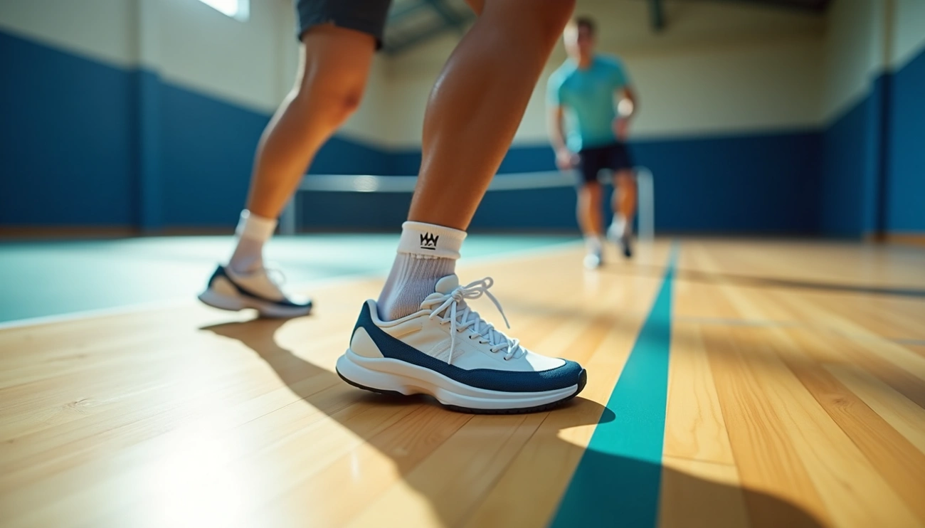 Low-angle shot of a player wearing indoor pickleball shoes, 