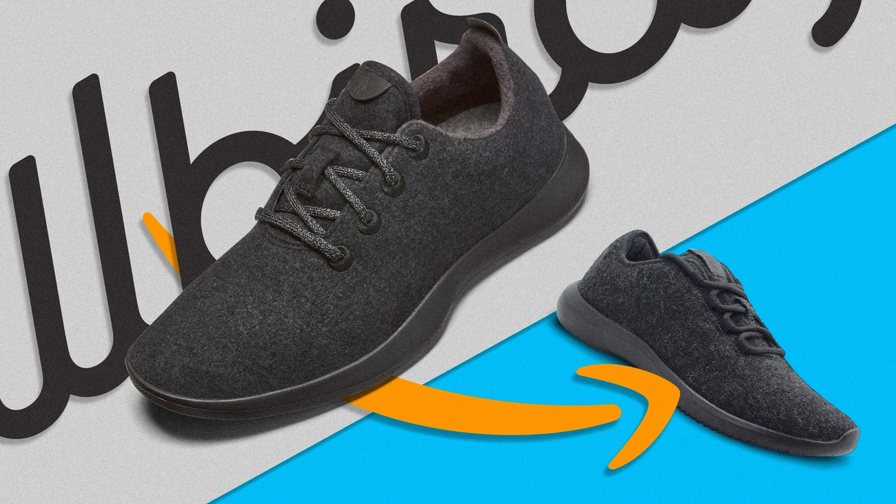 A graphic comparing an original Allbirds shoe with one of the best Allbirds dupes, 