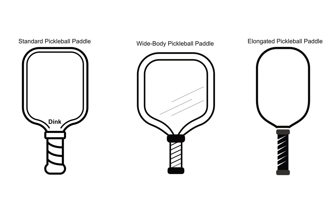Illustration comparing standard, wide-body, and elongated pickleball paddles for optimal play dimensions.
