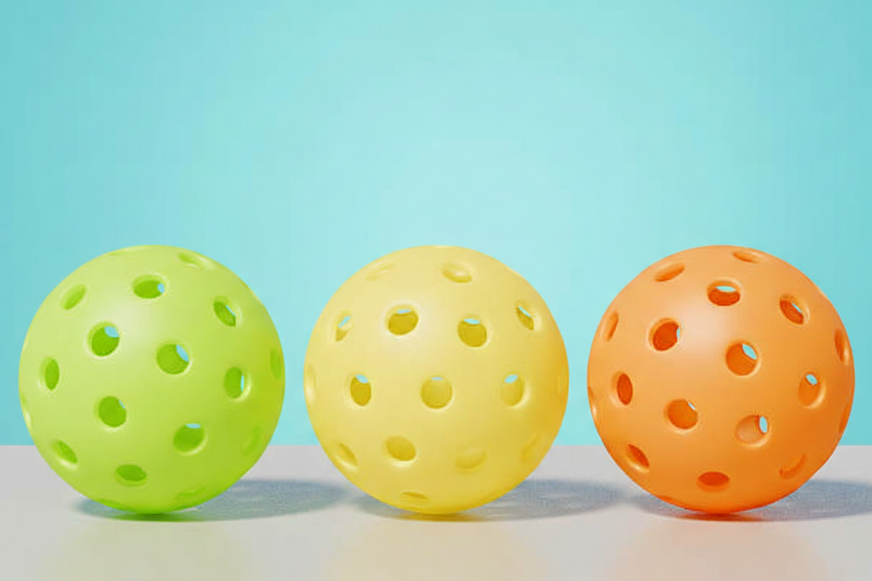 A lime green, yellow, and orange pickleball arranged to show the difference in hole pattern and ball construction for indoor vs outdoor pickleballs. 