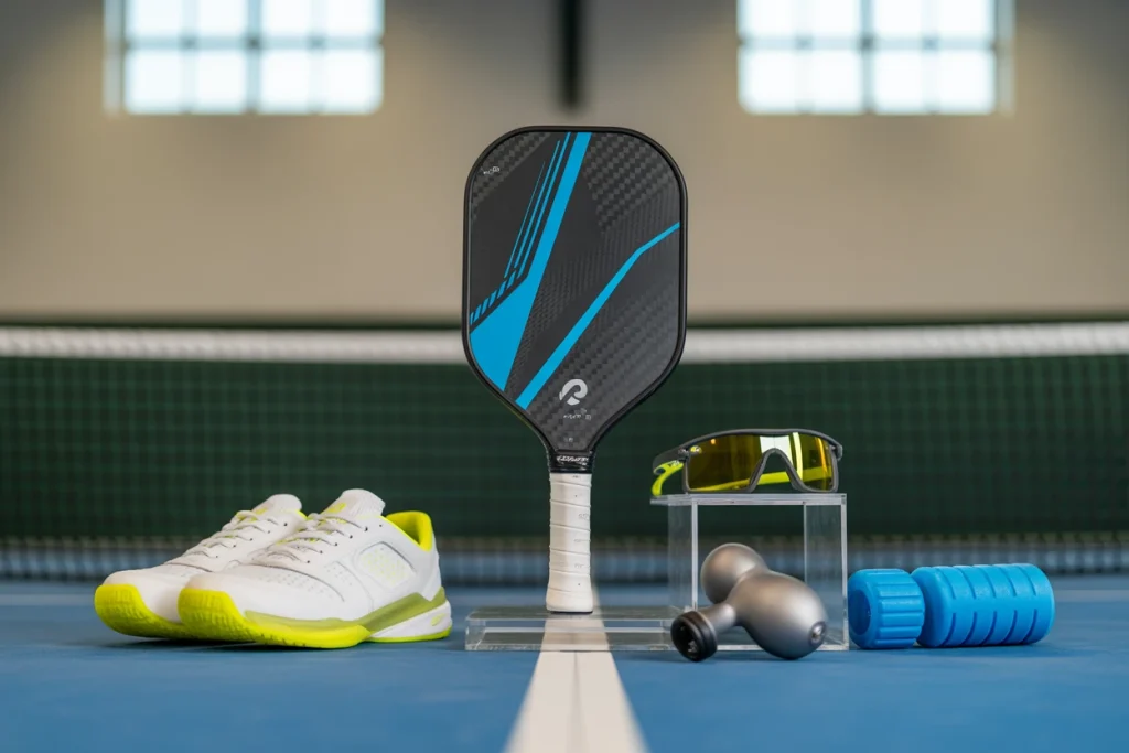 A collection of essential pickleball gear, including a carbon fiber paddle, court shoes, and player recovery tools, laid out on a blue pickleball court. 