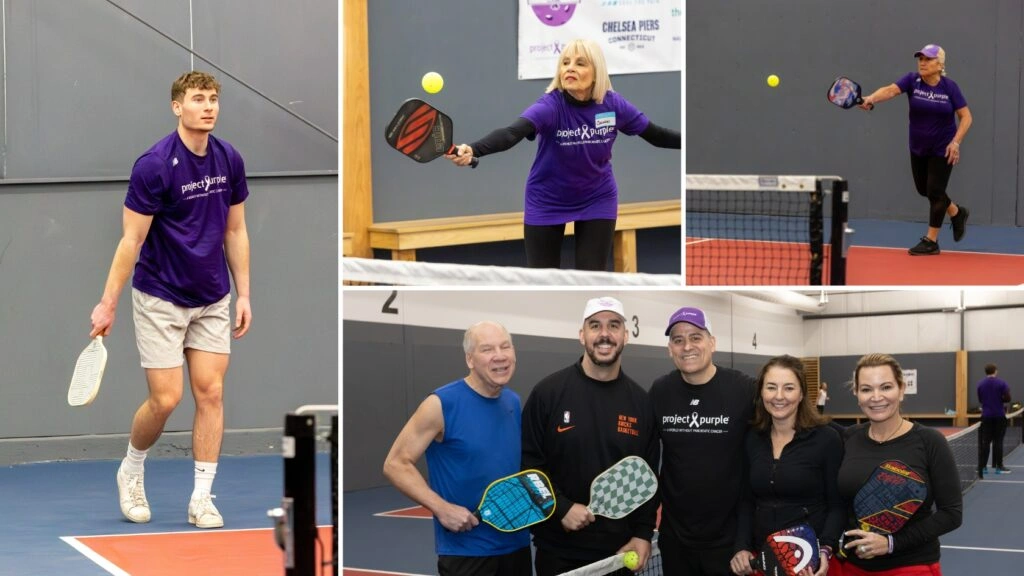 A photo collage from a Project Purple pickleball charity event, capturing players in action and the positive community spirit of the fundraiser. 