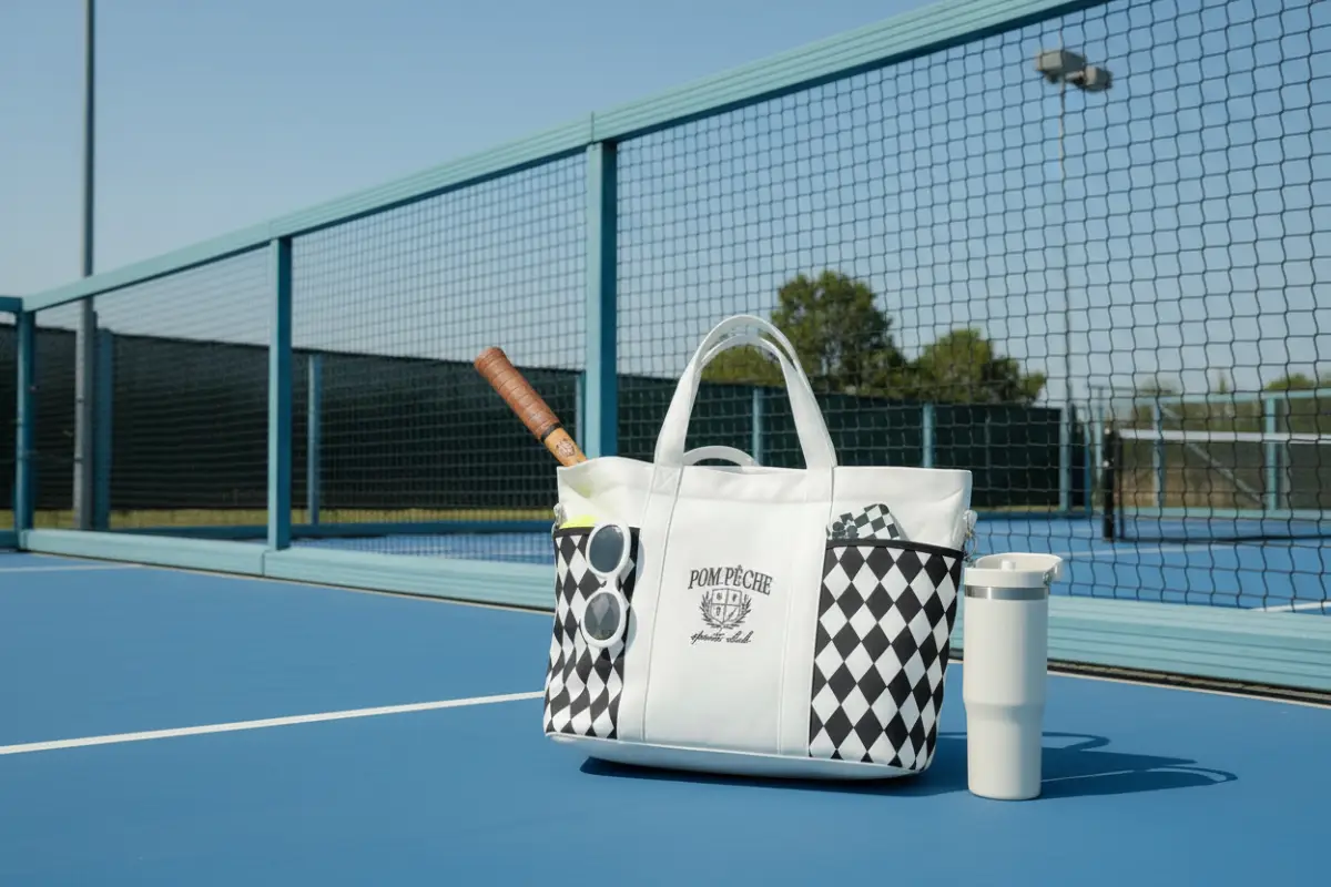A stylish women's pickleball tote with a diamond pattern, an example of the best pickleball bags for carrying court accessories.
