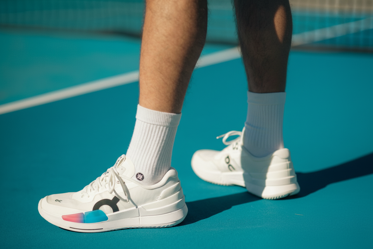 A close-up of a person's white shoes and socks on a court.