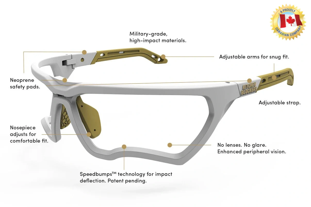 A white sports-eyewear frame is shown with fit and construction annotations.