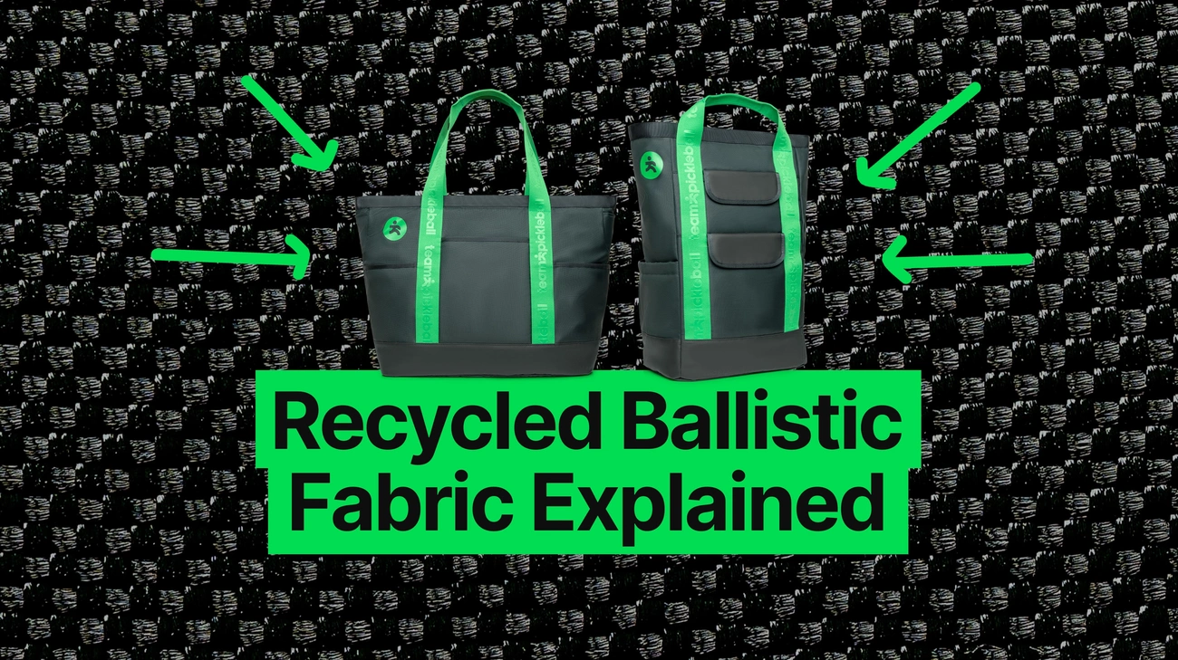 A graphic explaining the benefits of recycled ballistic fabric, featuring two durable pickleball bags made from the sustainable material.