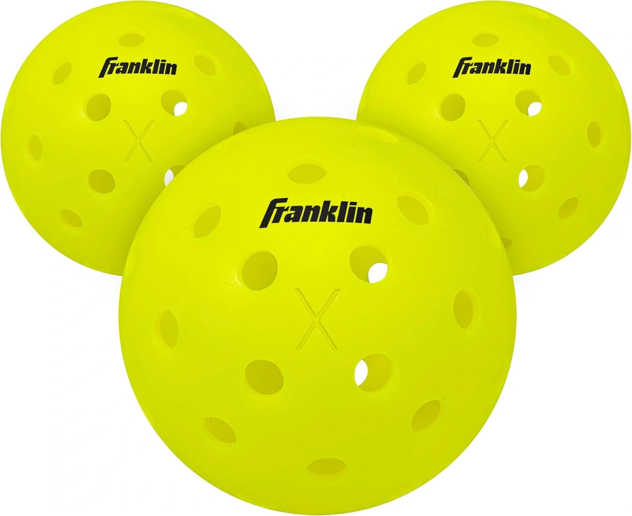 A product shot of three bright yellow Franklin X-40 pickleballs on a white background.