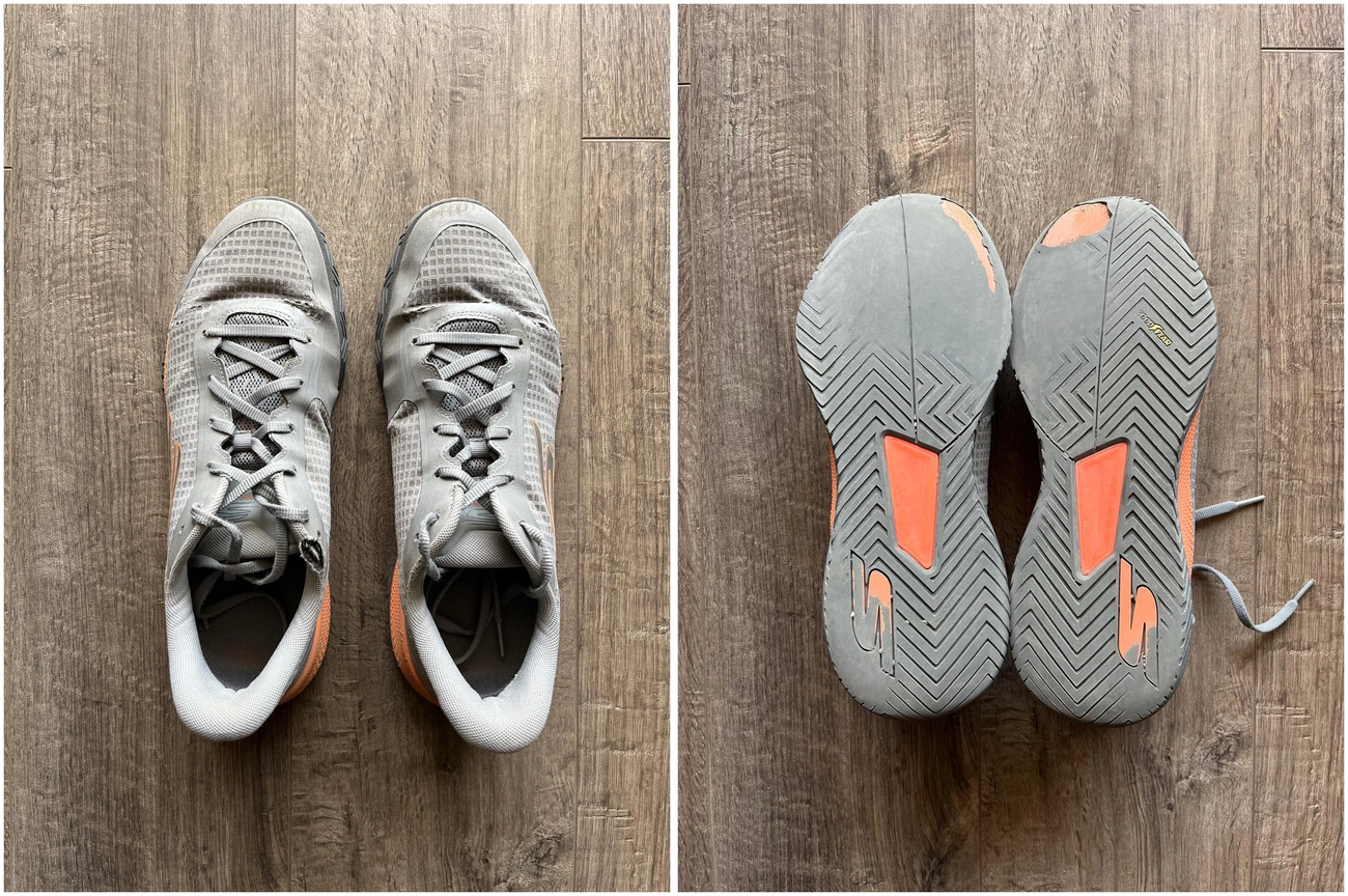 A comparison photo showing signs of wear on pickleball shoes, with the worn-out soles completely eroded at the toe, indicating it's time for a replacement. 