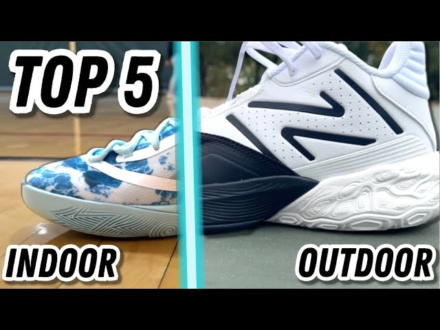 A comparison image reviewing the top indoor vs outdoor pickleball shoes, showing the difference in shoes for indoor wood floors and outdoor courts. 