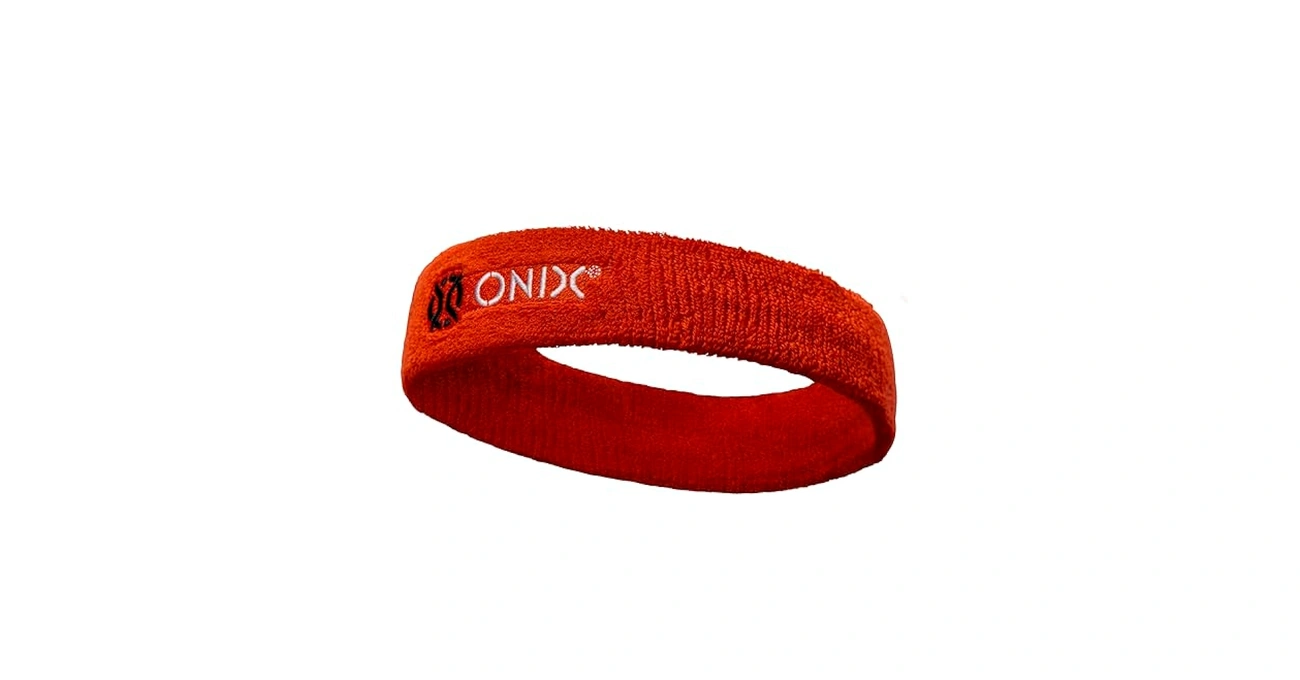 A red sweatband is shown on a white background.