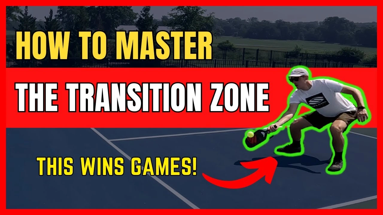A pickleball tutorial graphic on how to master the transition zone, showing a player executing a low shot as a winning game strategy. 